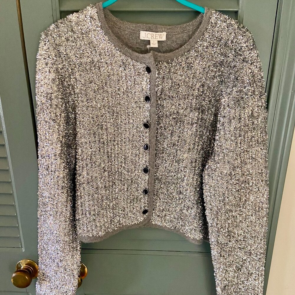 J.Crew Sweater Lady Jacket Silver Tinsel Yarn Metallic Party Gray Small NWT